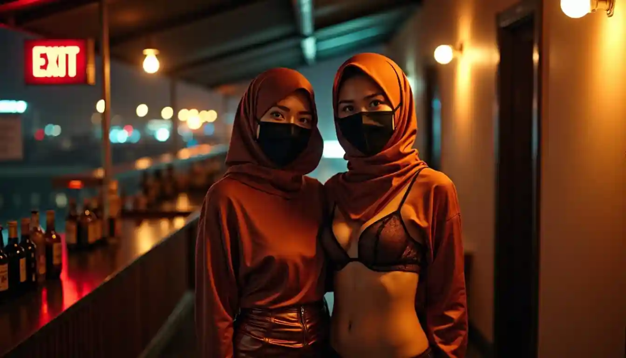 KL Escort Girl Escort girl KL: Two women in hijabs and masks, one in a bikini top, in a dimly lit venue. Escort Malay