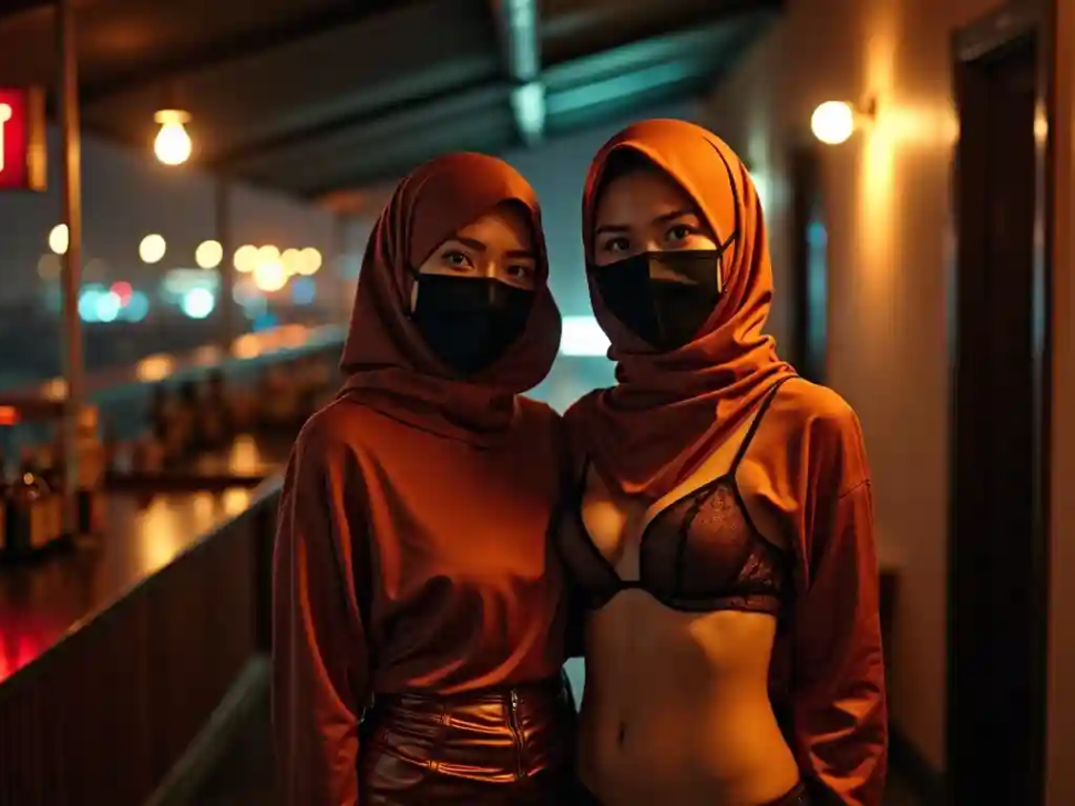 KL Escort Girl Escort girl KL: Two women in hijabs and masks, one in a bikini top, in a dimly lit venue. Escort Malay