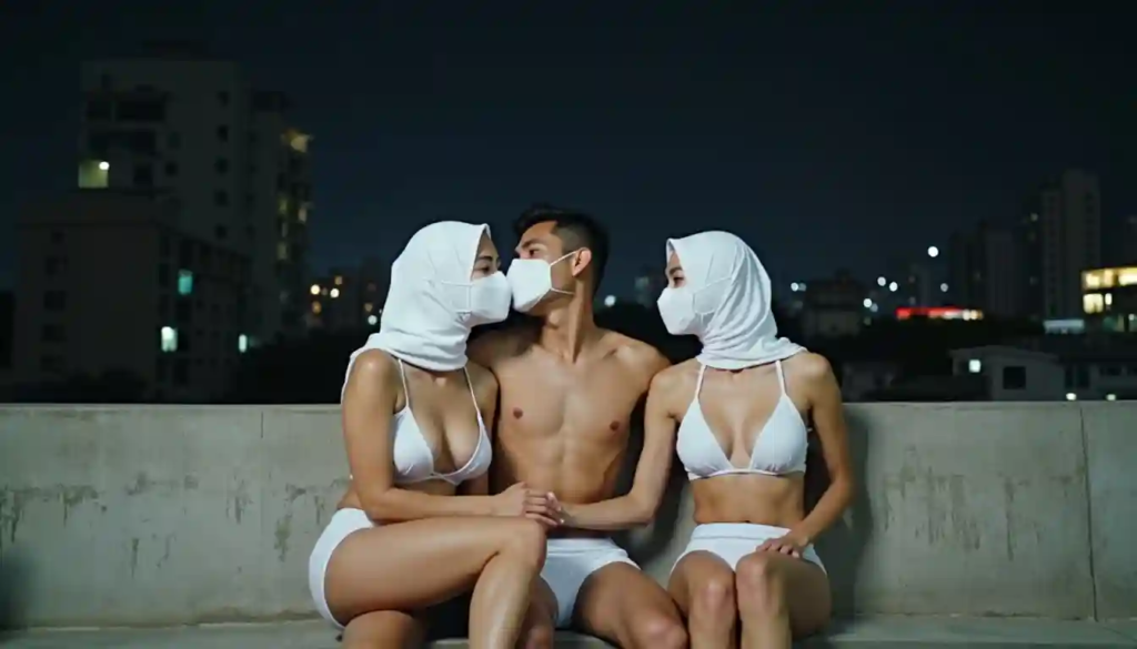 KL Escort Girl Chinese call girl KL: Two women in hijabs and a man in swim trunks kiss while wearing masks. Escort Malay