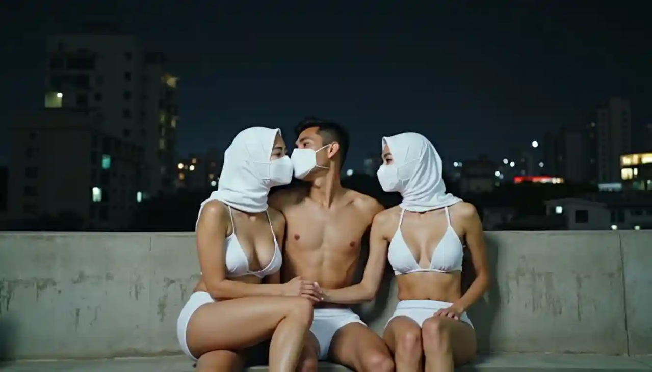 KL Escort Girl Chinese call girl KL: Two women in hijabs and a man in swim trunks kiss while wearing masks. Escort Malay