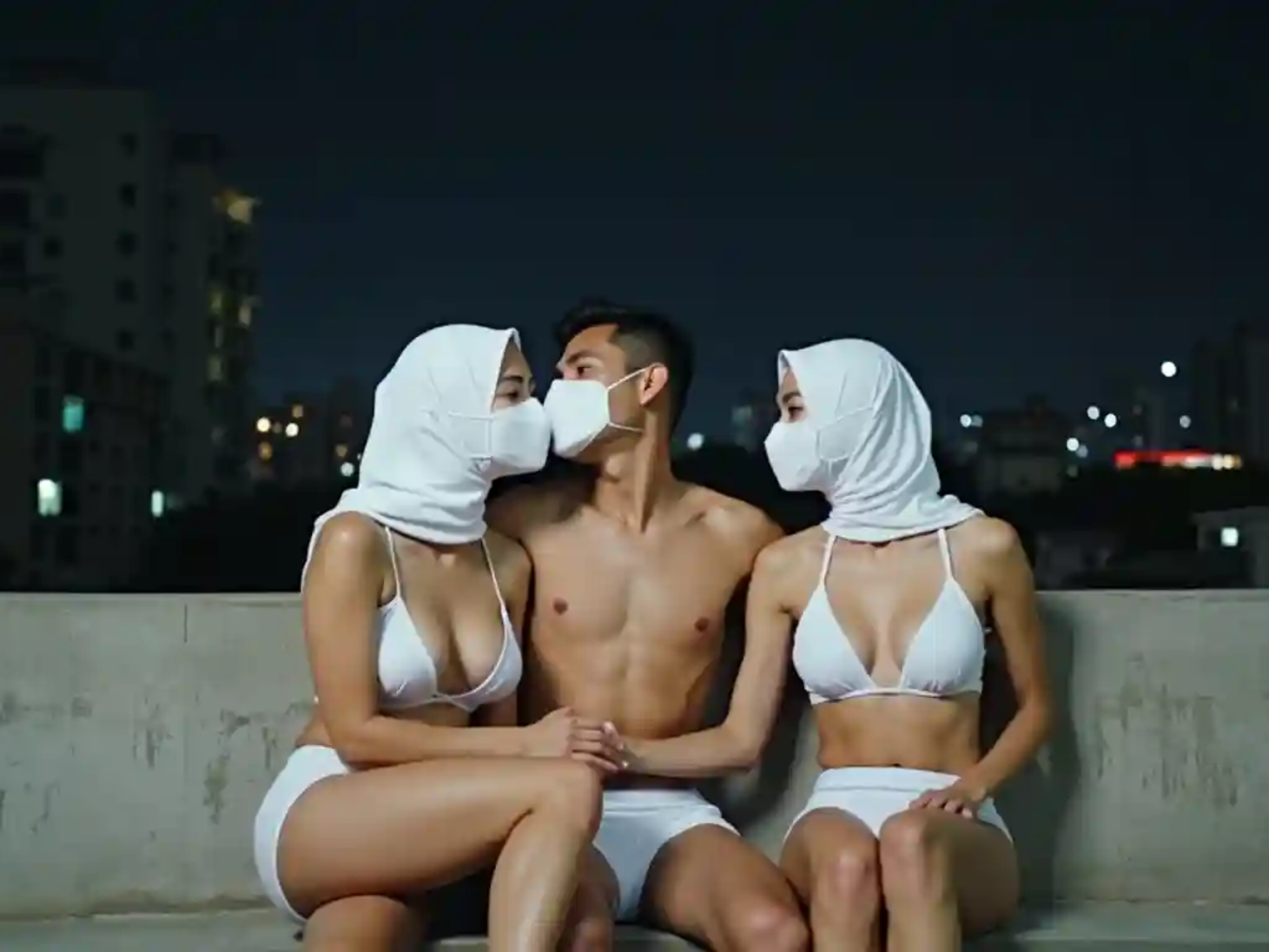 KL Escort Girl Chinese call girl KL: Two women in hijabs and a man in swim trunks kiss while wearing masks. Escort Malay