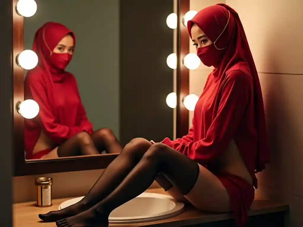 KL Escort Girl KL escort girl in red hijab and mask sits by mirror Escort Malay