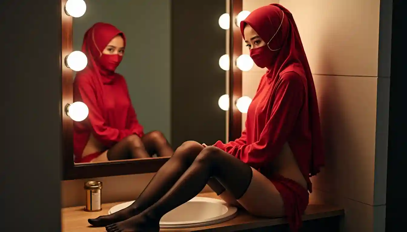 KL Escort Girl KL escort girl in red hijab and mask sits by mirror Escort Malay