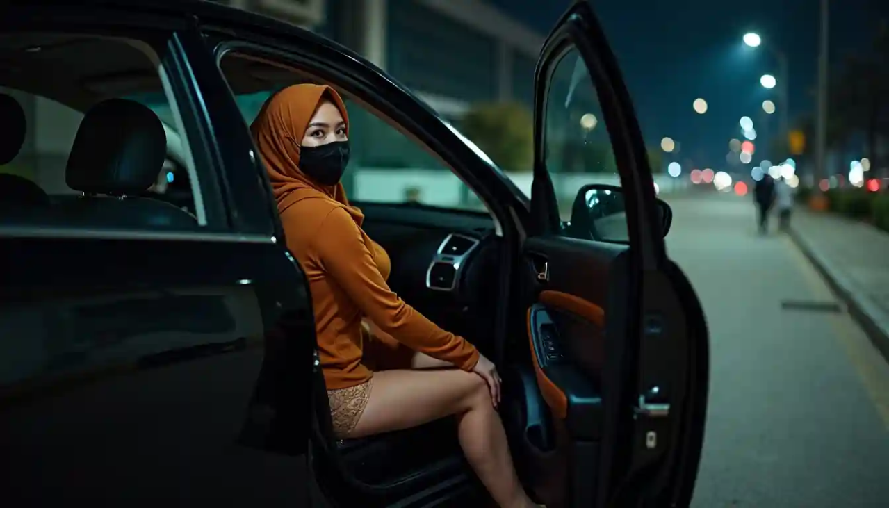 KL Escort Girl Escort girl in hijab and mask exiting a car at night in KL Escort Malay