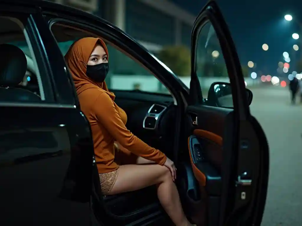 KL Escort Girl Escort girl in hijab and mask exiting a car at night in KL Escort Malay